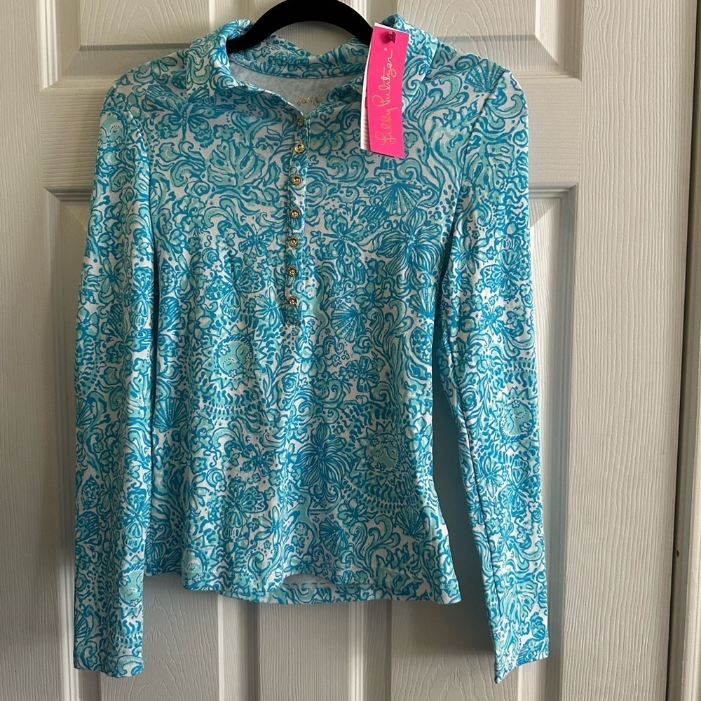 NWT Lilly Pulitzer Reema Polo Top Long Sleeve Resort White Took Me By Sunrise XS - Picture 2 of 6